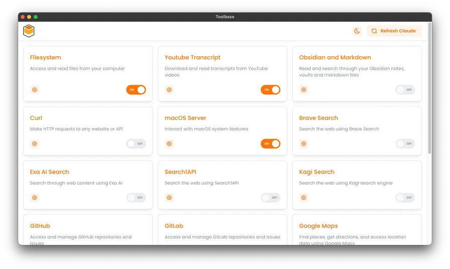 Toolbase desktop application showing tools